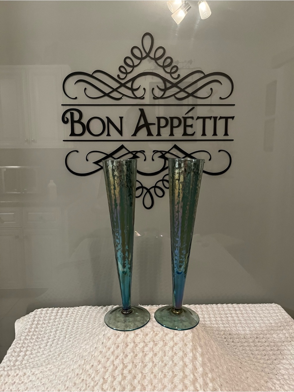 Iridescent Blue-Green Fluted Glass Vases by